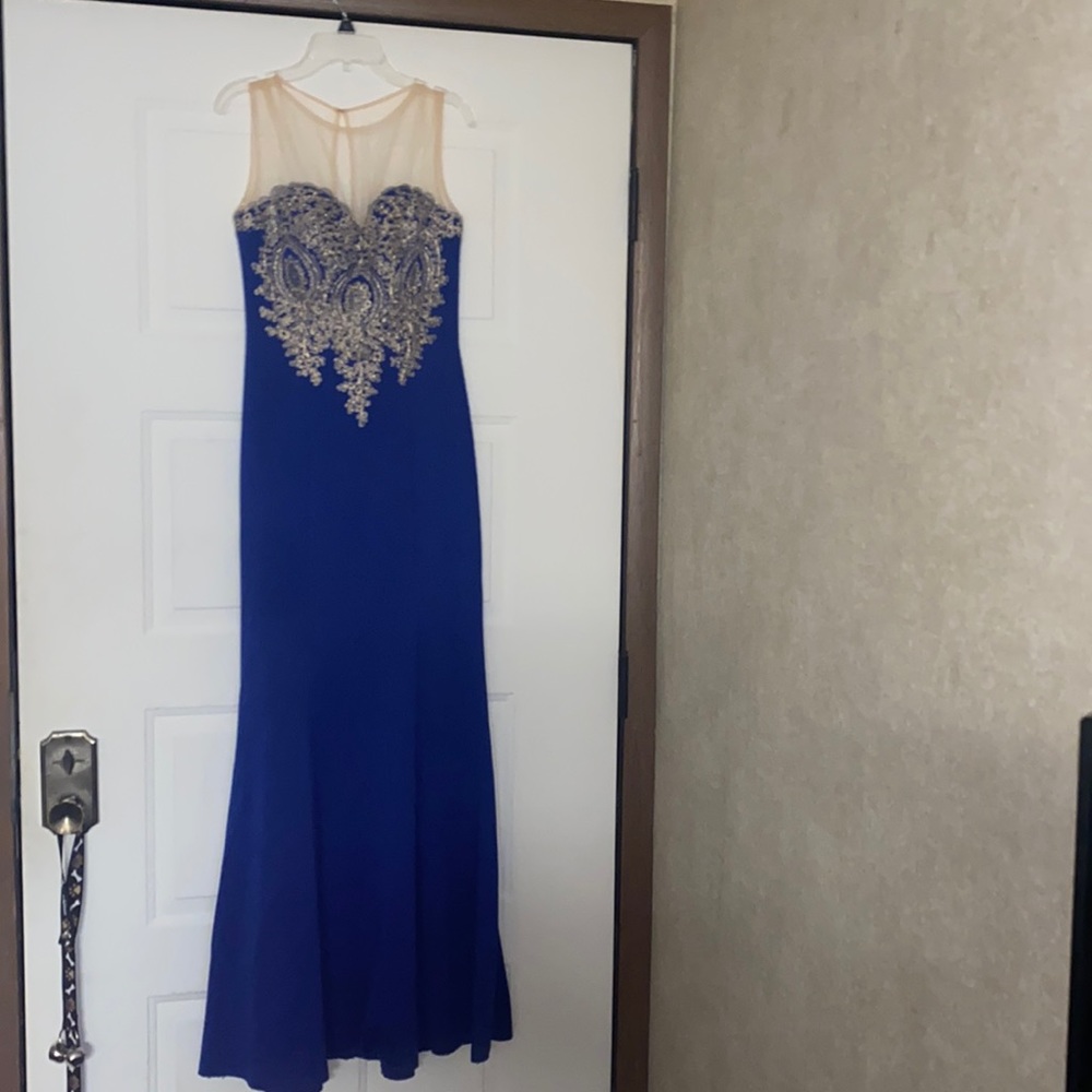 Form-fitted blue mini mermaid gold bodice formal dress